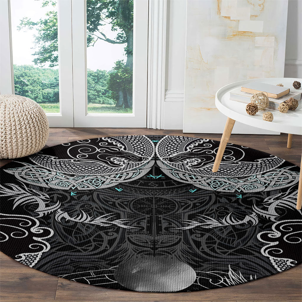 Viking Odin Ravens Wolves Vegvisir Round Carpet Nordic Knotwork Mythology Engraving Style