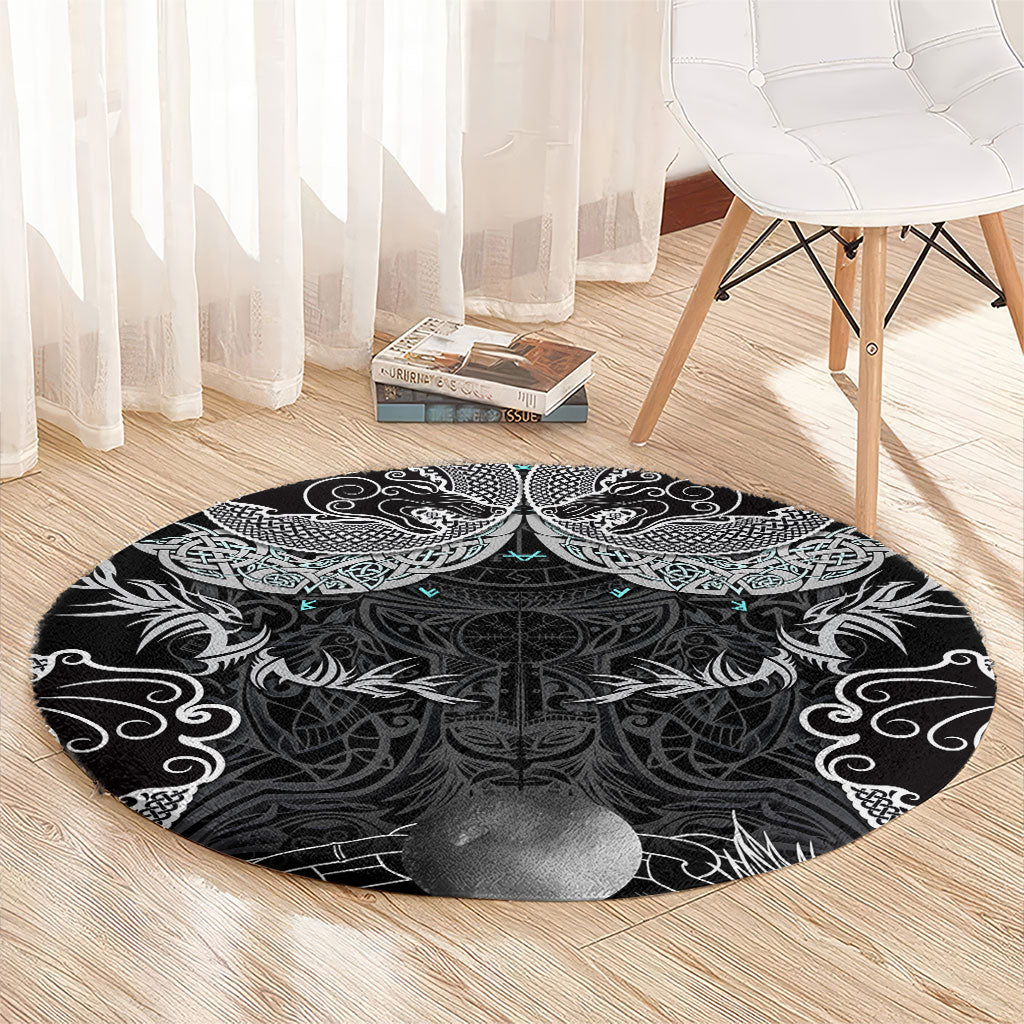 Viking Odin Ravens Wolves Vegvisir Round Carpet Nordic Knotwork Mythology Engraving Style