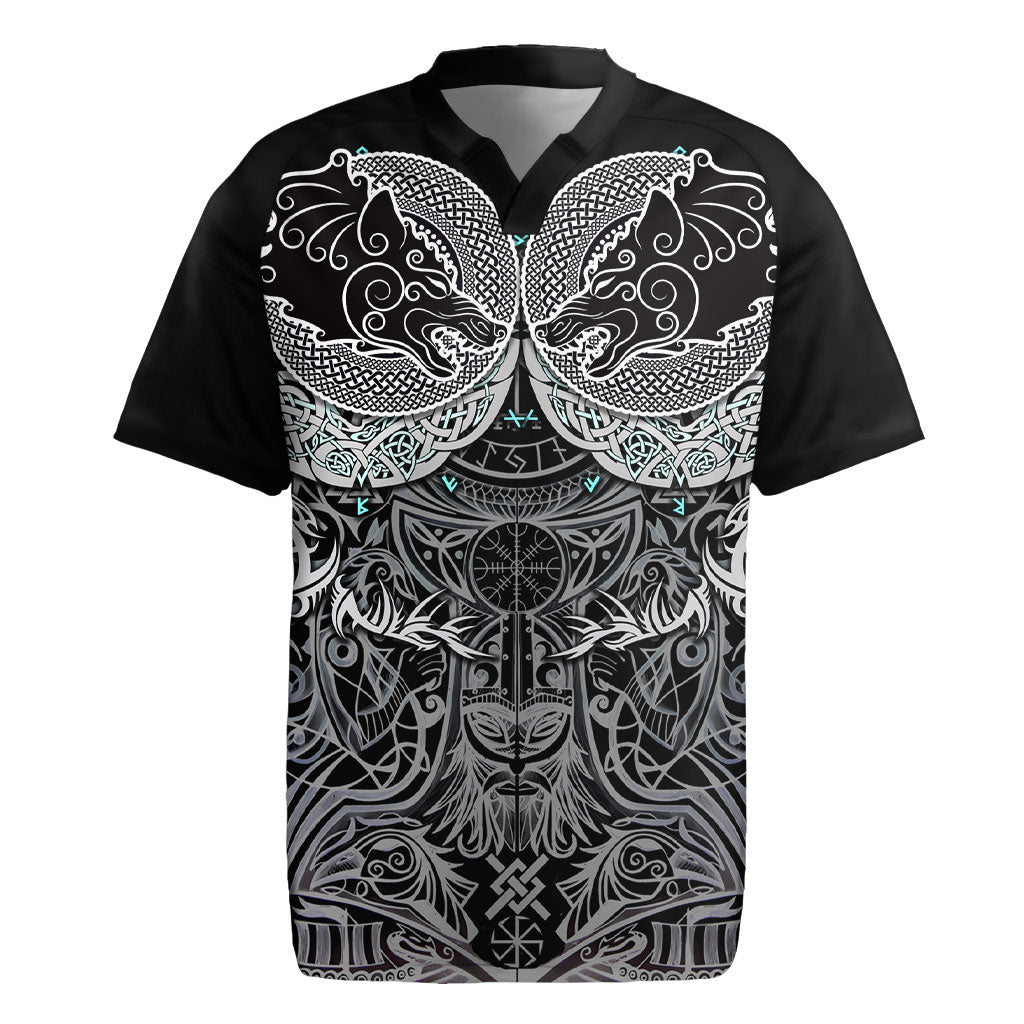 Viking Odin Ravens Wolves Vegvisir Rugby Jersey Nordic Knotwork Mythology Engraving Style