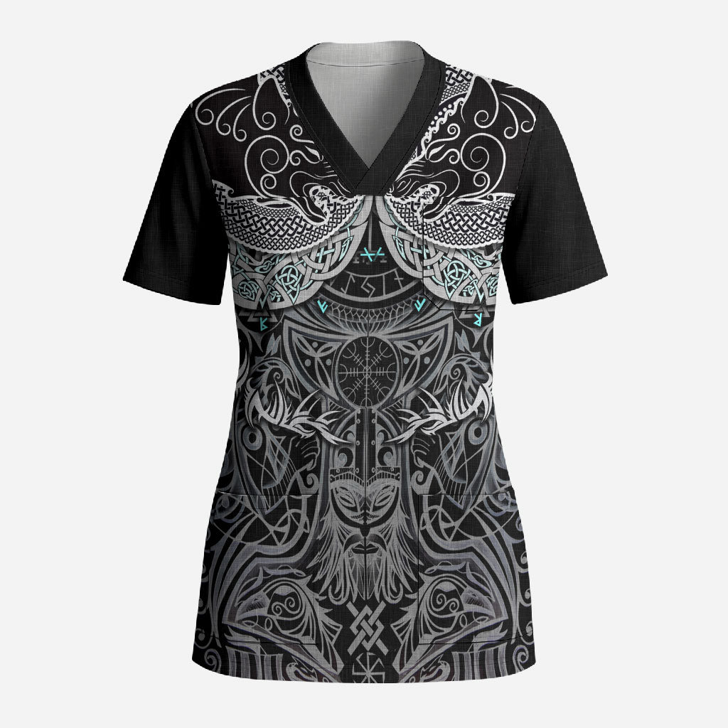 Viking Odin Ravens Wolves Vegvisir Scrub Top Nordic Knotwork Mythology Engraving Style