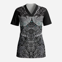 Viking Odin Ravens Wolves Vegvisir Scrub Top Nordic Knotwork Mythology Engraving Style