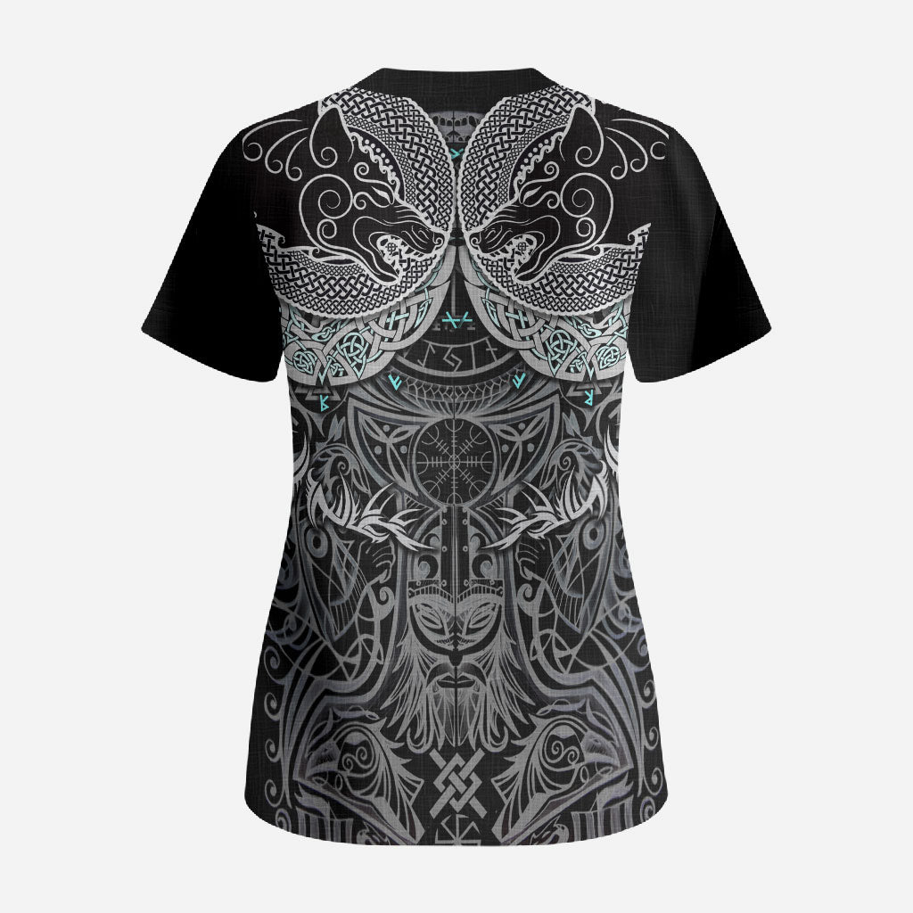 Viking Odin Ravens Wolves Vegvisir Scrub Top Nordic Knotwork Mythology Engraving Style