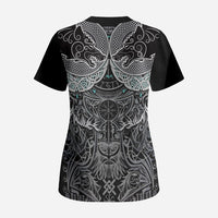 Viking Odin Ravens Wolves Vegvisir Scrub Top Nordic Knotwork Mythology Engraving Style