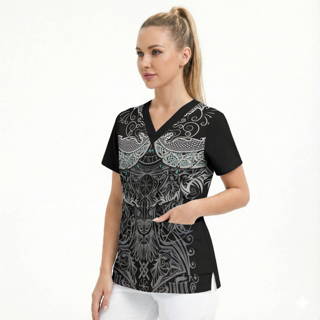 Viking Odin Ravens Wolves Vegvisir Scrub Top Nordic Knotwork Mythology Engraving Style