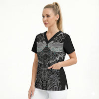 Viking Odin Ravens Wolves Vegvisir Scrub Top Nordic Knotwork Mythology Engraving Style