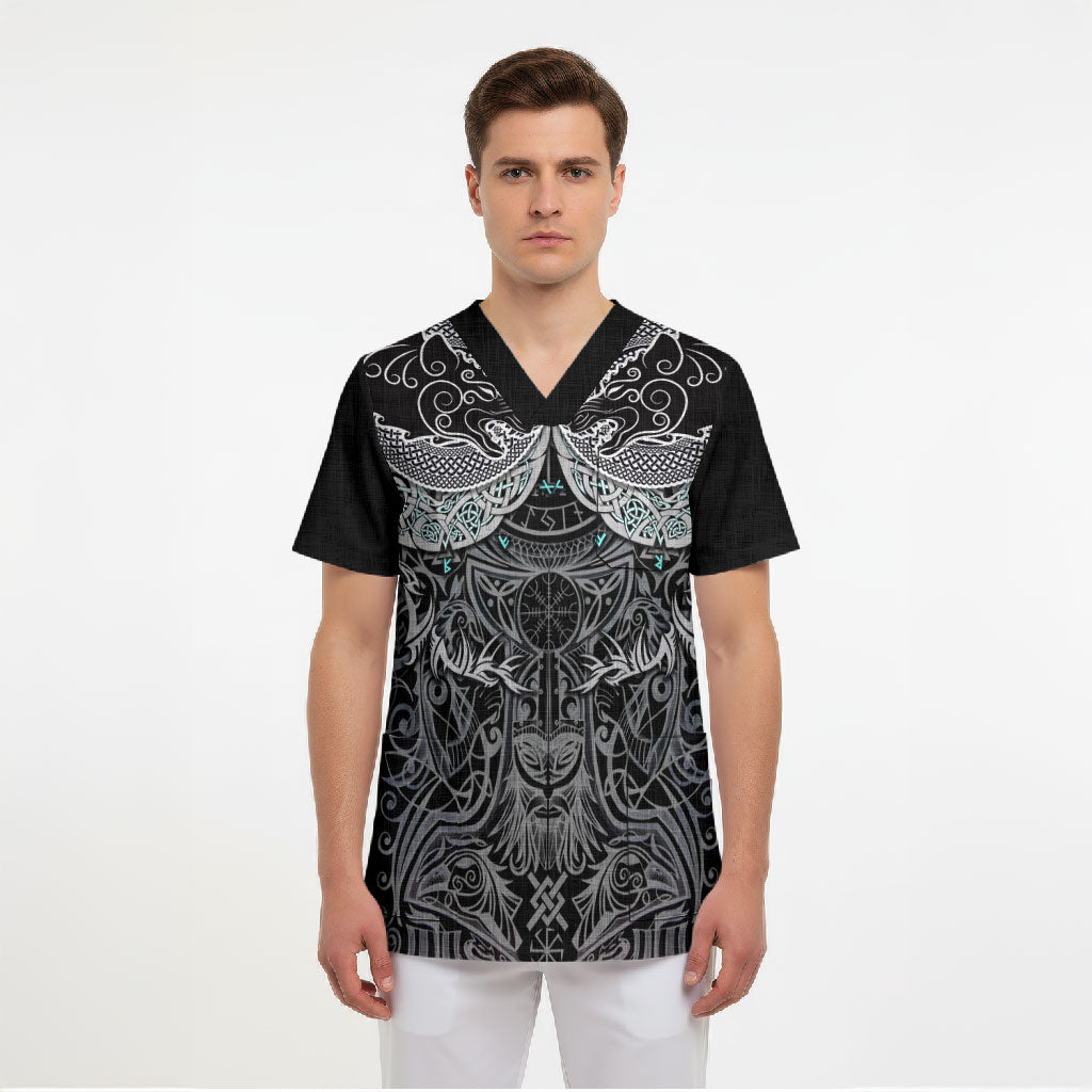 Viking Odin Ravens Wolves Vegvisir Scrub Top Nordic Knotwork Mythology Engraving Style