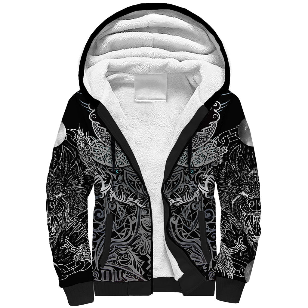 Viking Odin Ravens Wolves Vegvisir Sherpa Hoodie Nordic Knotwork Mythology Engraving Style