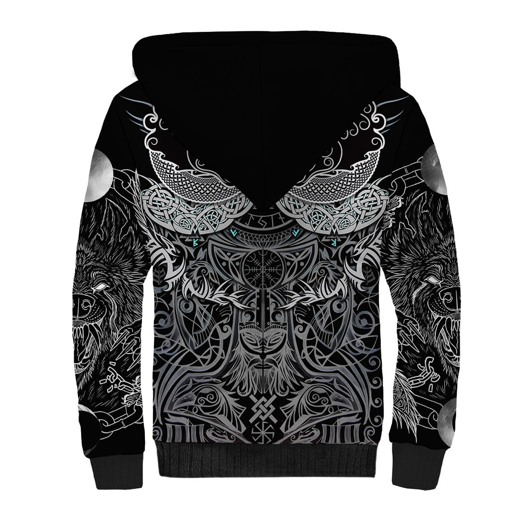 Viking Odin Ravens Wolves Vegvisir Sherpa Hoodie Nordic Knotwork Mythology Engraving Style