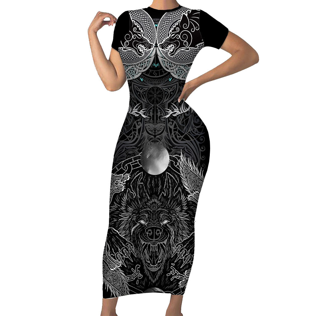 Viking Odin Ravens Wolves Vegvisir Short Sleeve Bodycon Dress Nordic Knotwork Mythology Engraving Style