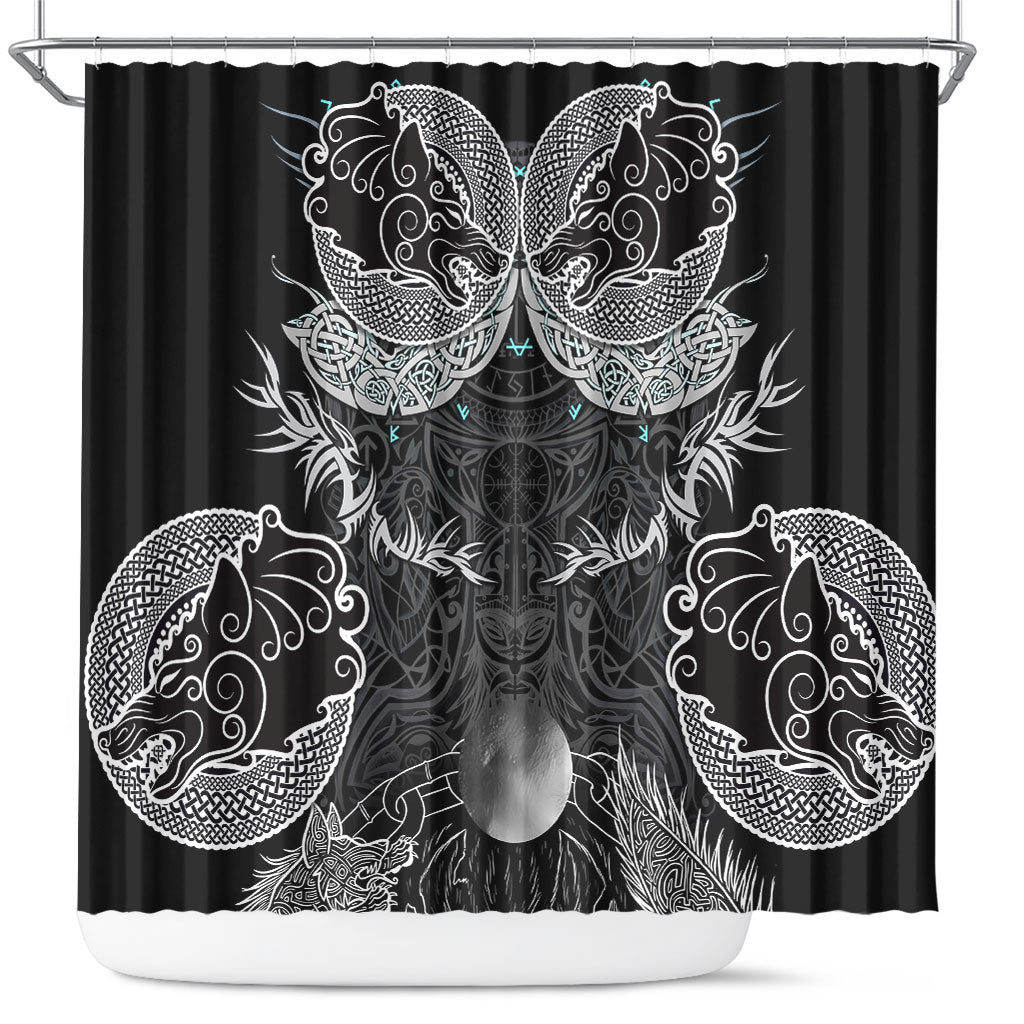 Viking Odin Ravens Wolves Vegvisir Shower Curtain Nordic Knotwork Mythology Engraving Style