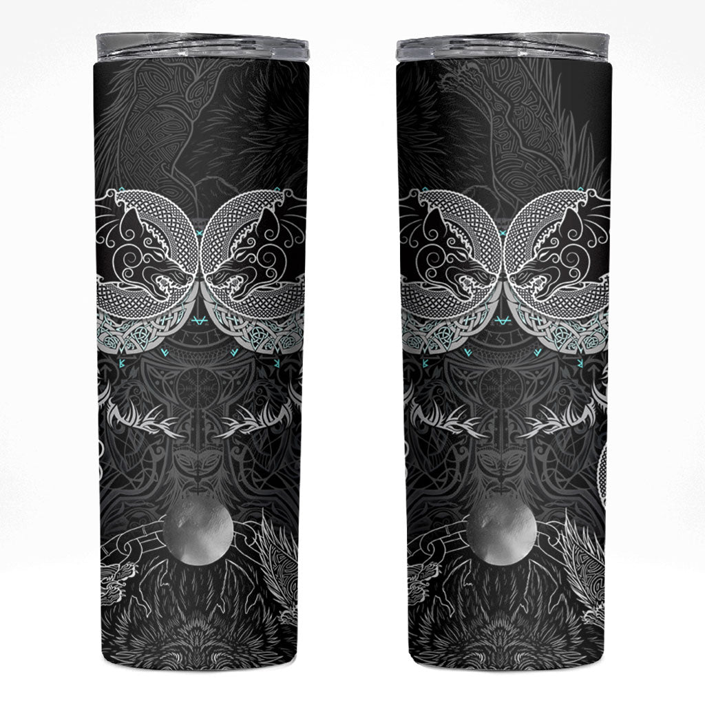 Viking Odin Ravens Wolves Vegvisir Skinny Tumbler Nordic Knotwork Mythology Engraving Style