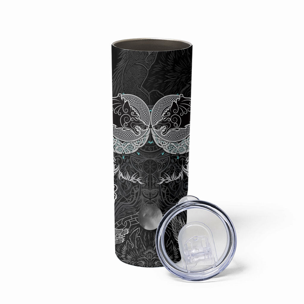 Viking Odin Ravens Wolves Vegvisir Skinny Tumbler Nordic Knotwork Mythology Engraving Style