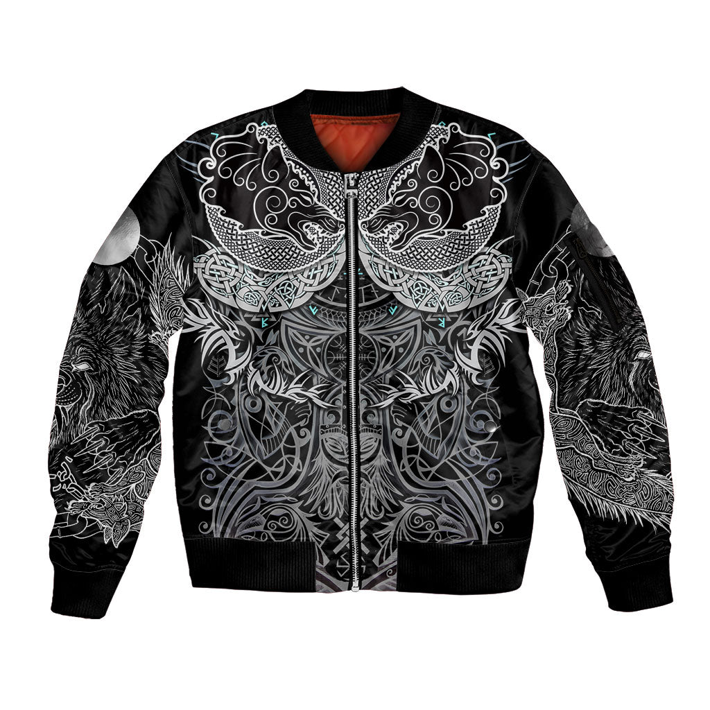 Viking Odin Ravens Wolves Vegvisir Sleeve Zip Bomber Jacket Nordic Knotwork Mythology Engraving Style