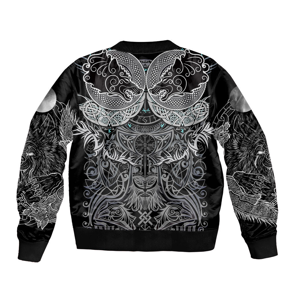 Viking Odin Ravens Wolves Vegvisir Sleeve Zip Bomber Jacket Nordic Knotwork Mythology Engraving Style