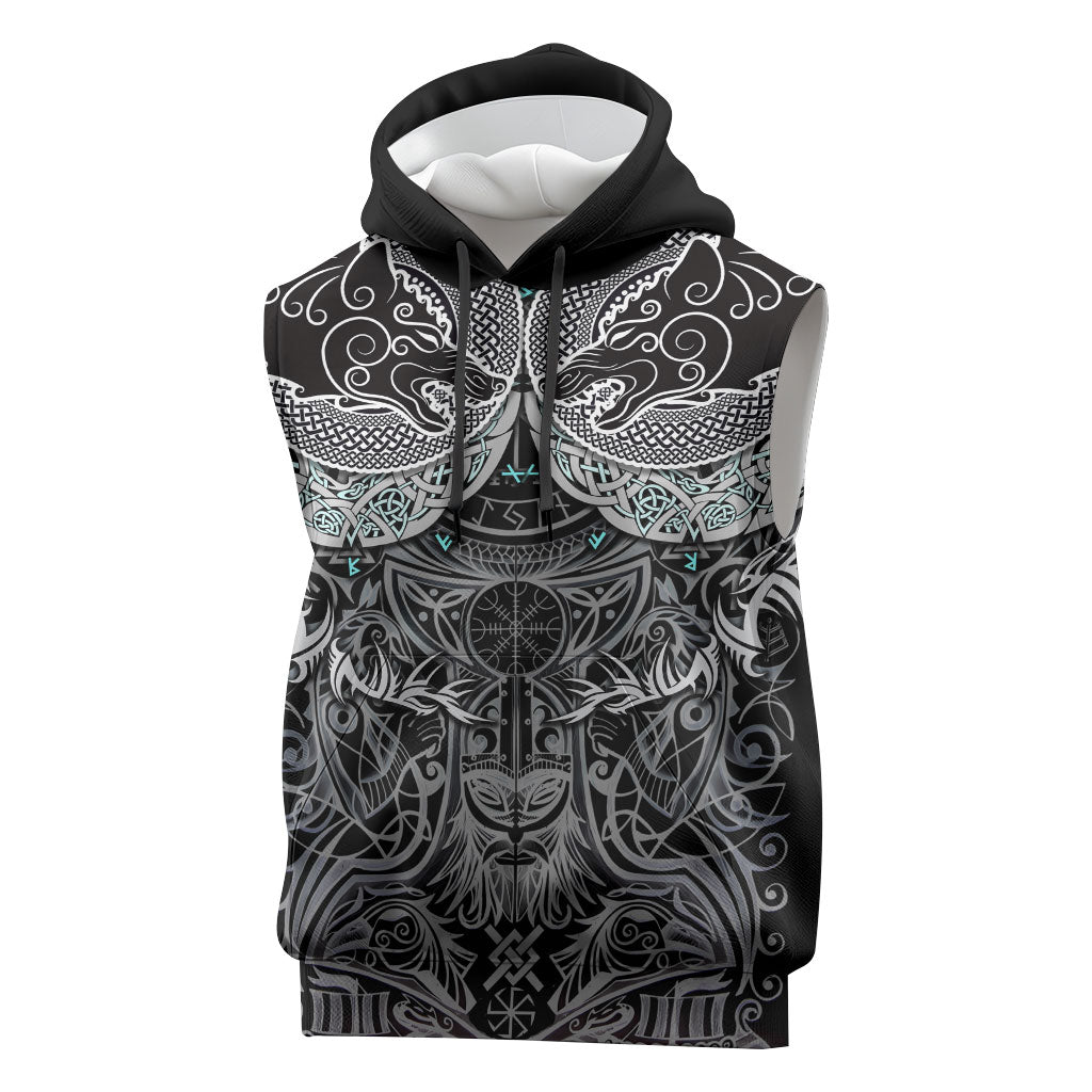 Viking Odin Ravens Wolves Vegvisir Sleeveless Hoodie Nordic Knotwork Mythology Engraving Style