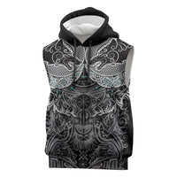 Viking Odin Ravens Wolves Vegvisir Sleeveless Hoodie Nordic Knotwork Mythology Engraving Style