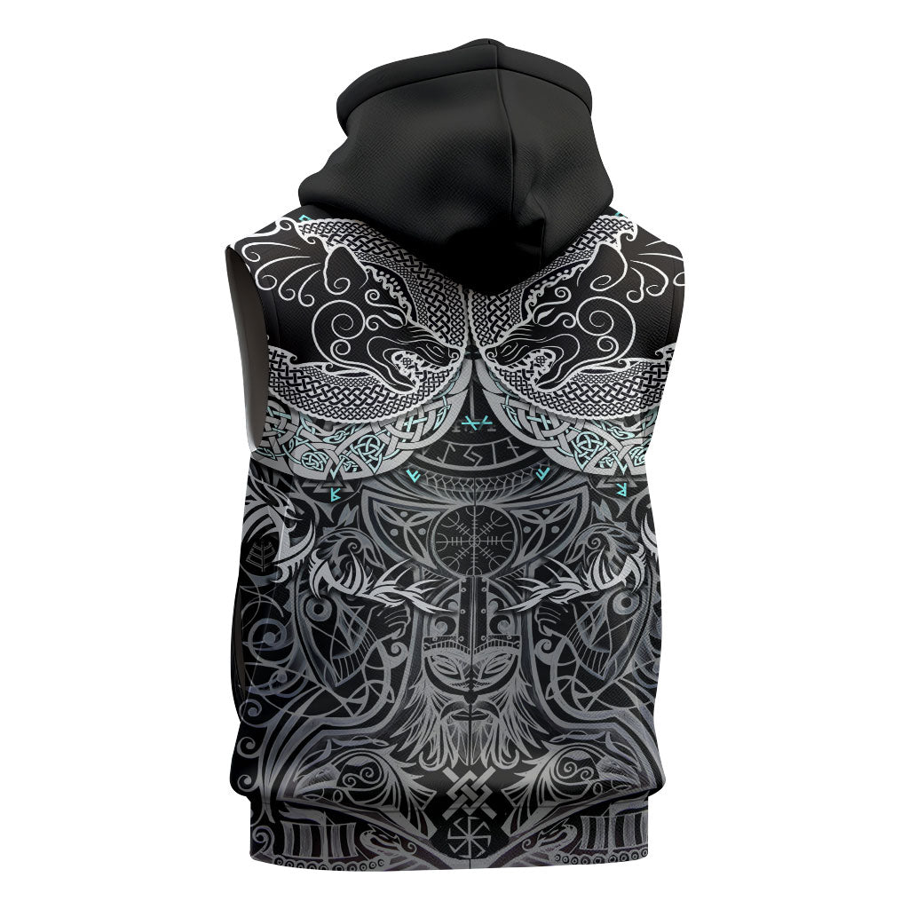Viking Odin Ravens Wolves Vegvisir Sleeveless Hoodie Nordic Knotwork Mythology Engraving Style