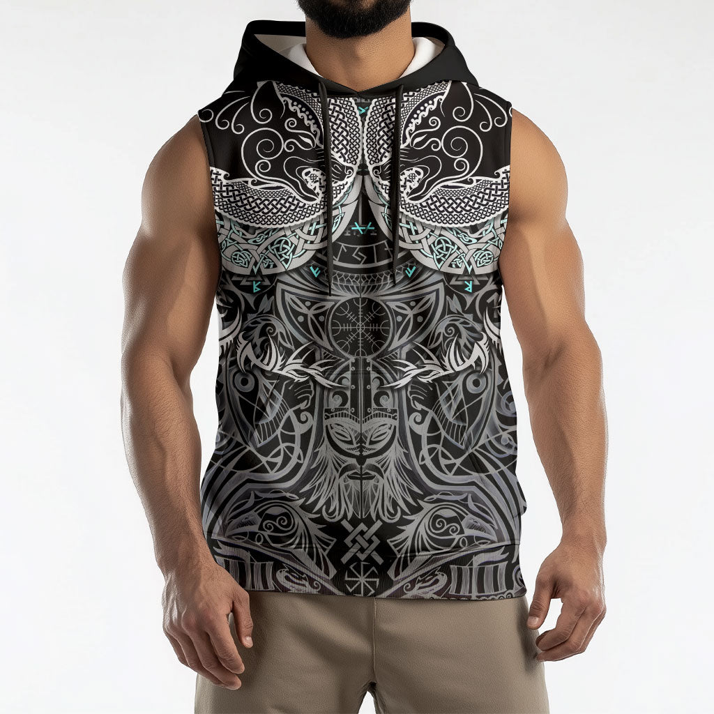 Viking Odin Ravens Wolves Vegvisir Sleeveless Hoodie Nordic Knotwork Mythology Engraving Style