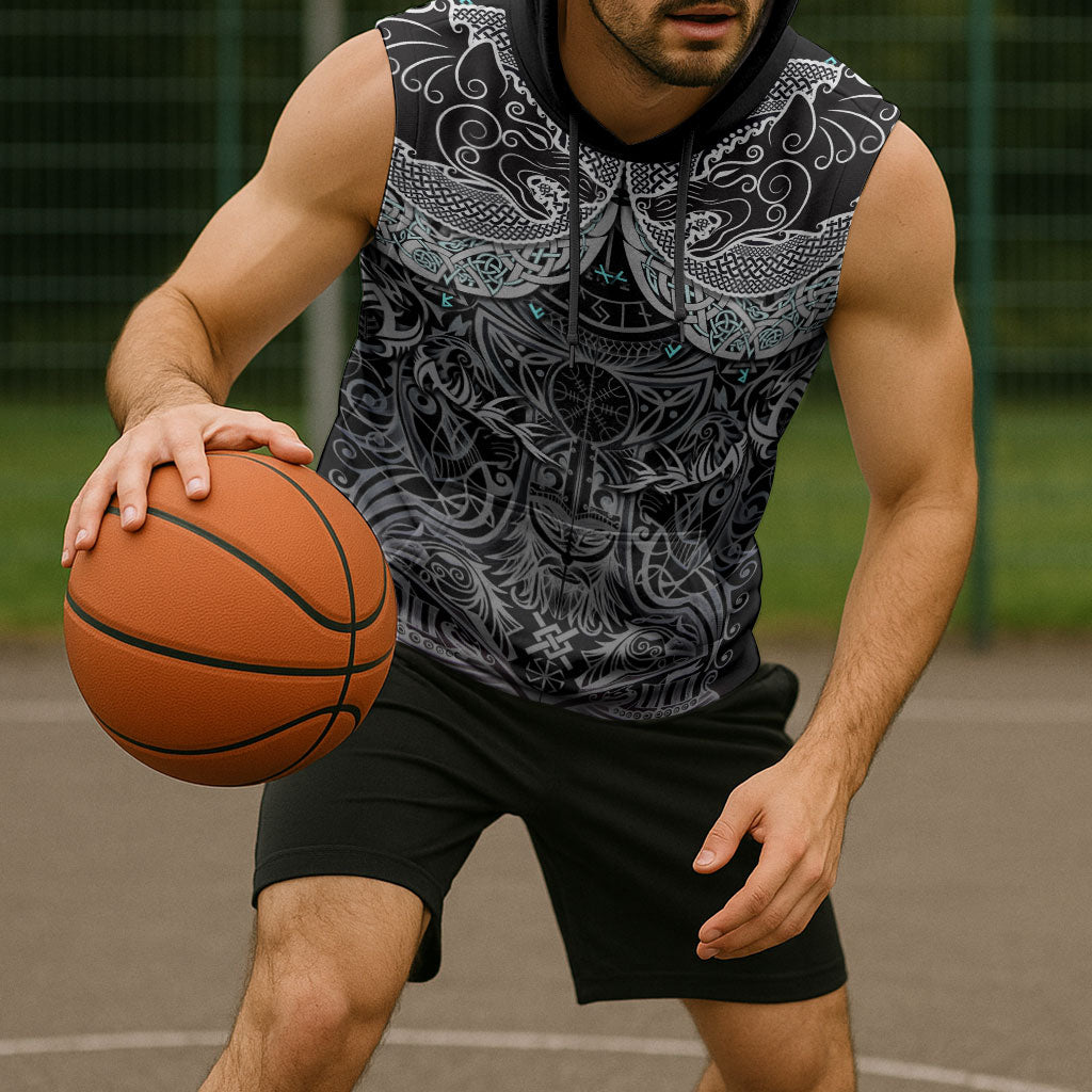 Viking Odin Ravens Wolves Vegvisir Sleeveless Hoodie Nordic Knotwork Mythology Engraving Style