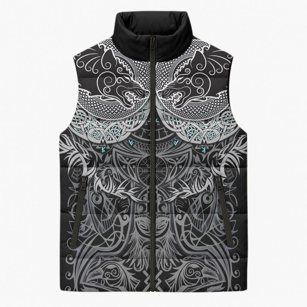 Viking Odin Ravens Wolves Vegvisir Sleeveless Puffer Jacket Nordic Knotwork Mythology Engraving Style