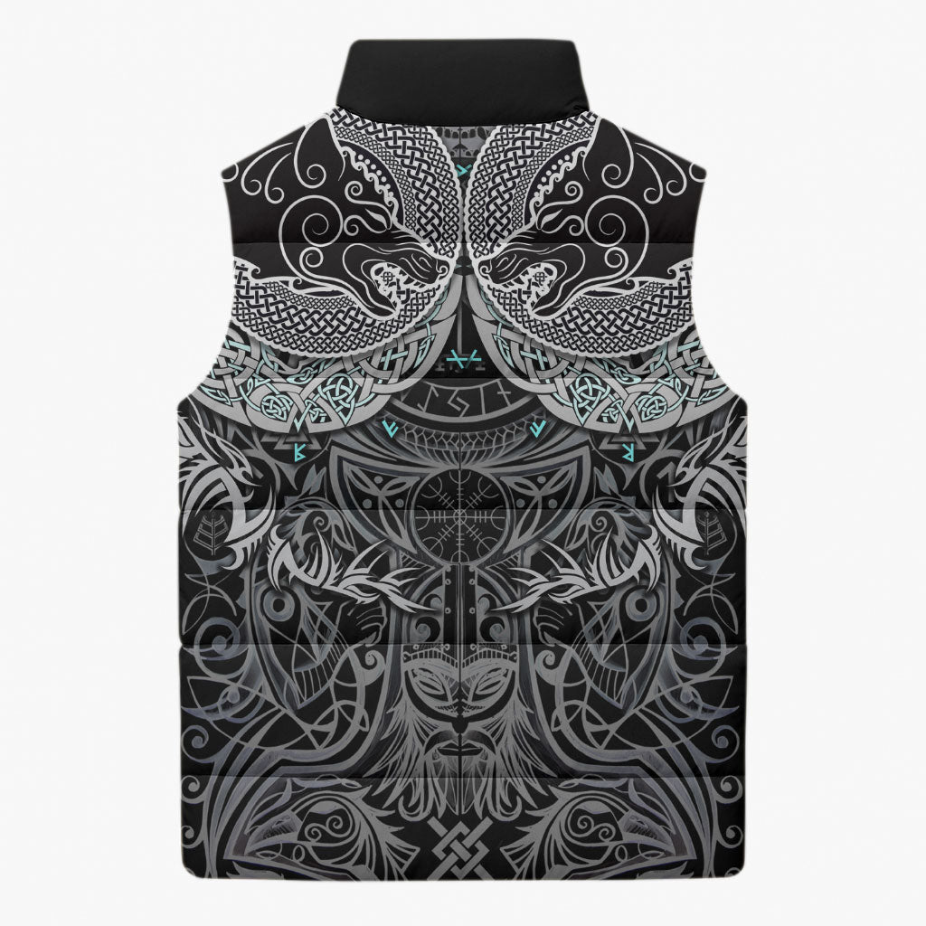 Viking Odin Ravens Wolves Vegvisir Sleeveless Puffer Jacket Nordic Knotwork Mythology Engraving Style