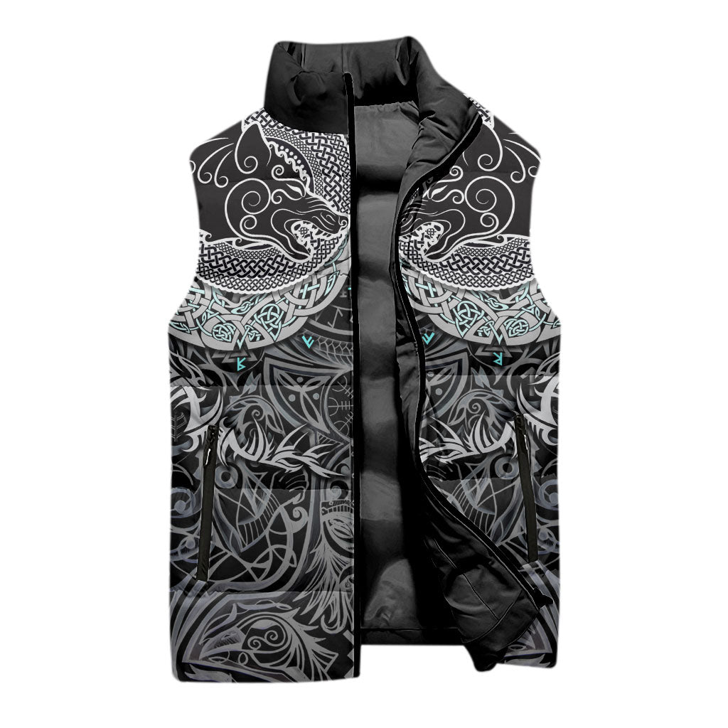 Viking Odin Ravens Wolves Vegvisir Sleeveless Puffer Jacket Nordic Knotwork Mythology Engraving Style