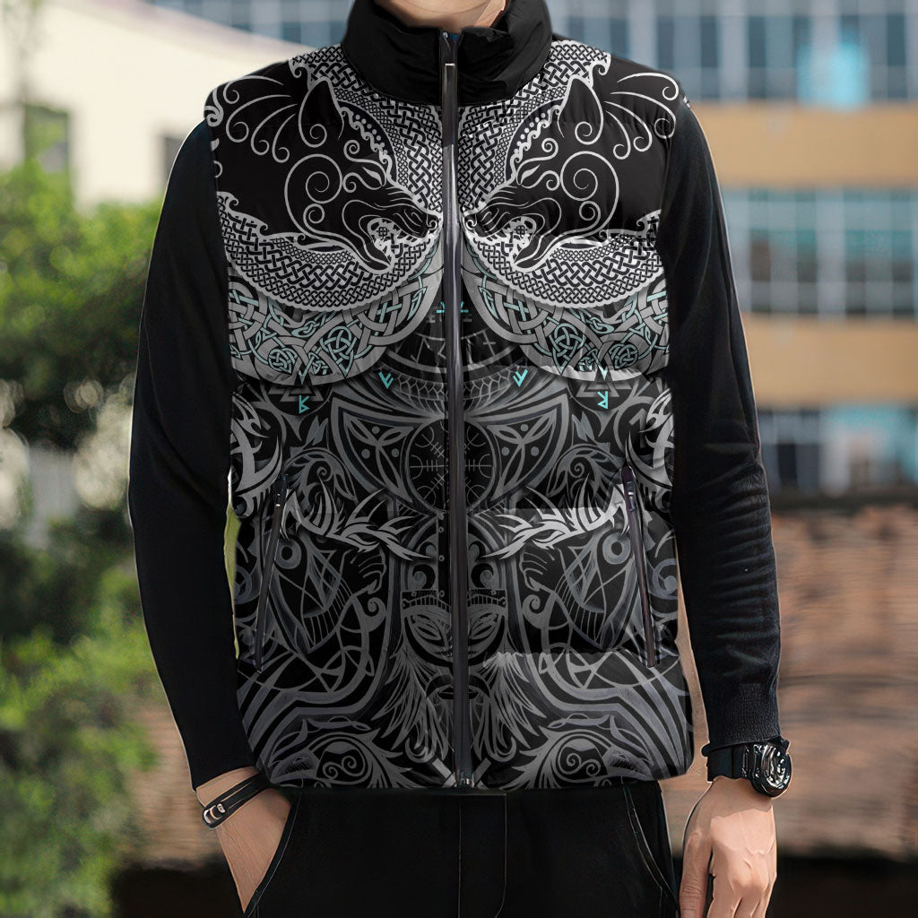 Viking Odin Ravens Wolves Vegvisir Sleeveless Puffer Jacket Nordic Knotwork Mythology Engraving Style