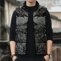 Viking Odin Ravens Wolves Vegvisir Sleeveless Puffer Jacket Nordic Knotwork Mythology Engraving Style