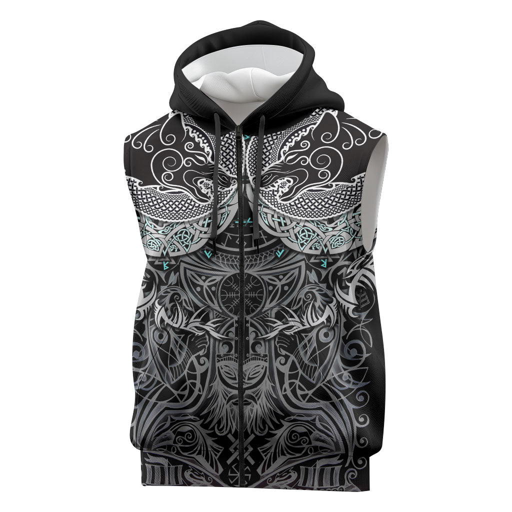 Viking Odin Ravens Wolves Vegvisir Sleeveless Zip Hoodie Nordic Knotwork Mythology Engraving Style