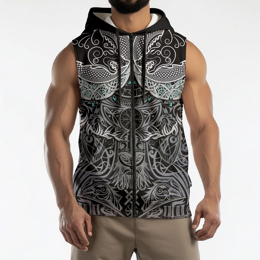 Viking Odin Ravens Wolves Vegvisir Sleeveless Zip Hoodie Nordic Knotwork Mythology Engraving Style