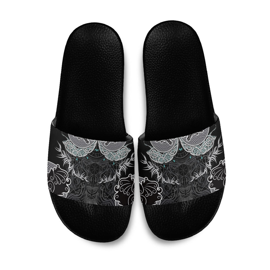 Viking Odin Ravens Wolves Vegvisir Slide Sandals Nordic Knotwork Mythology Engraving Style
