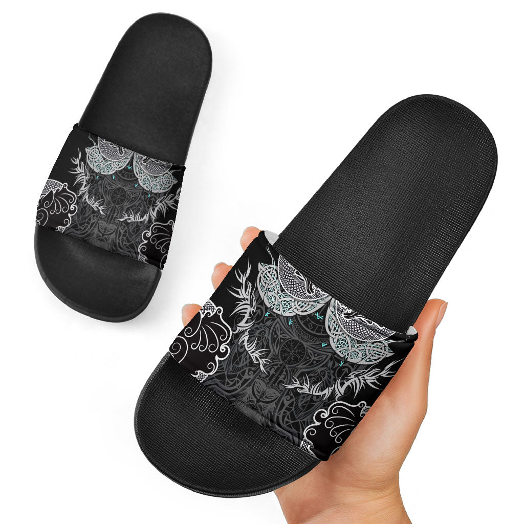 Viking Odin Ravens Wolves Vegvisir Slide Sandals Nordic Knotwork Mythology Engraving Style