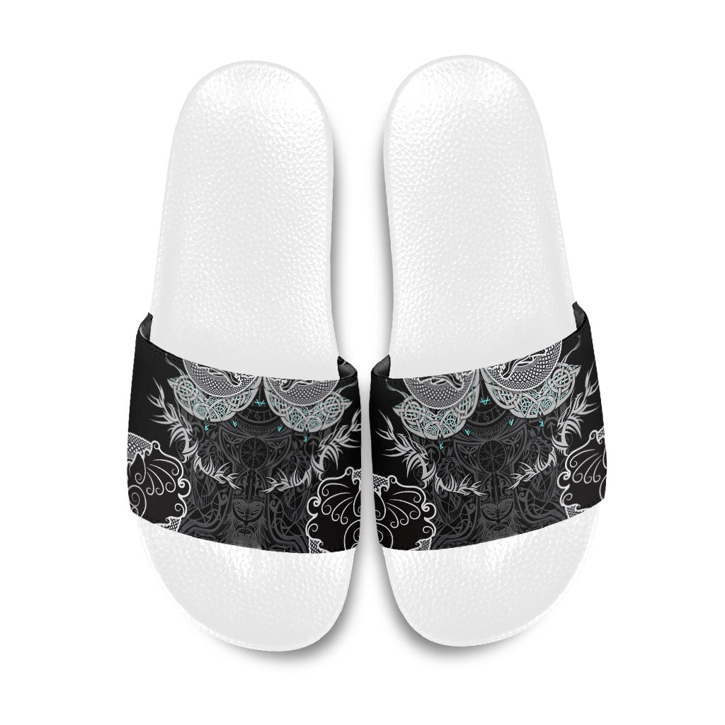 Viking Odin Ravens Wolves Vegvisir Slide Sandals Nordic Knotwork Mythology Engraving Style