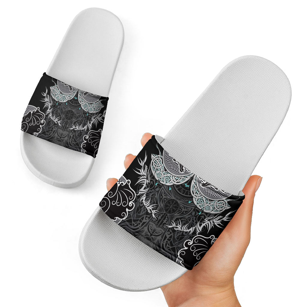 Viking Odin Ravens Wolves Vegvisir Slide Sandals Nordic Knotwork Mythology Engraving Style