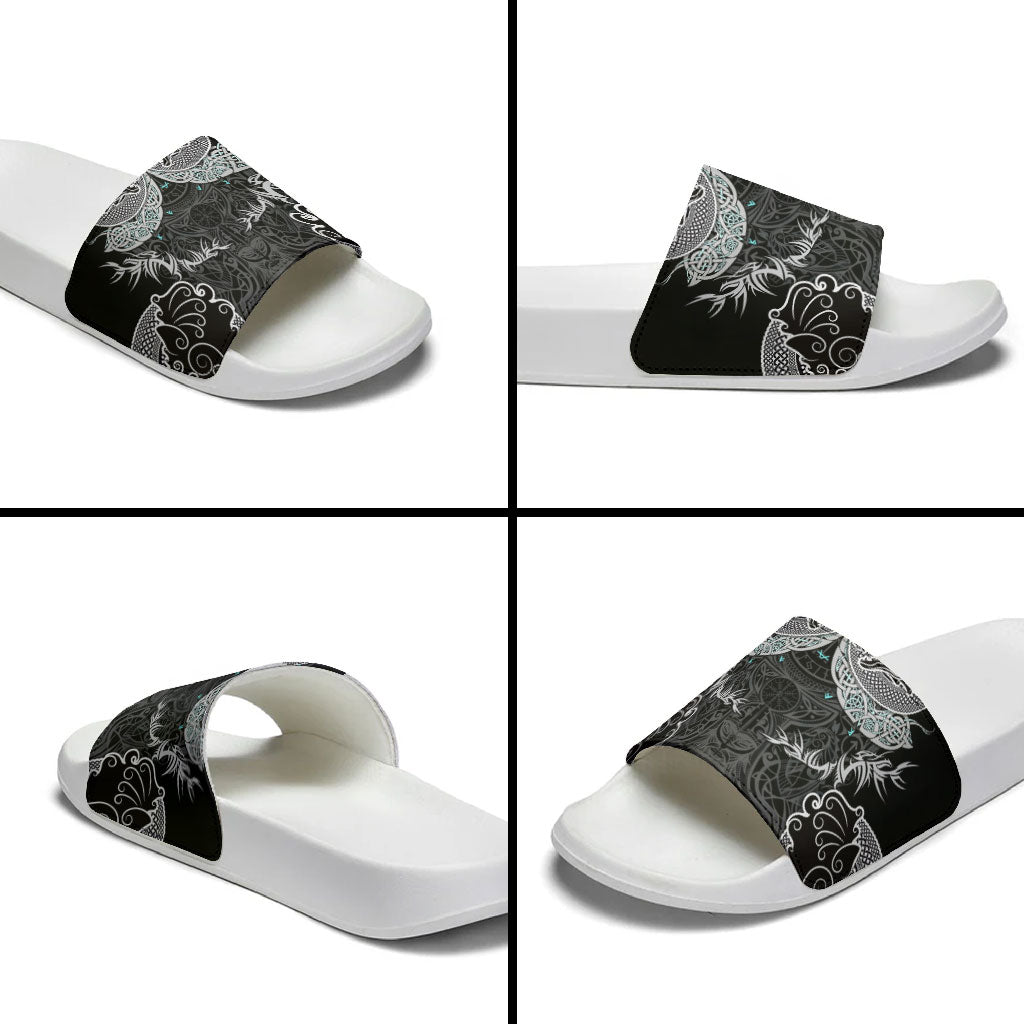 Viking Odin Ravens Wolves Vegvisir Slide Sandals Nordic Knotwork Mythology Engraving Style
