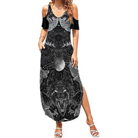 Viking Odin Ravens Wolves Vegvisir Summer Maxi Dress Nordic Knotwork Mythology Engraving Style
