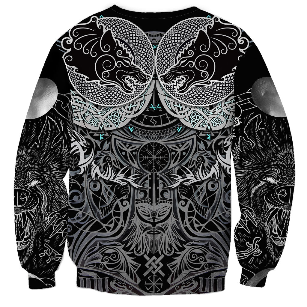 Viking Odin Ravens Wolves Vegvisir Sweatshirt Nordic Knotwork Mythology Engraving Style