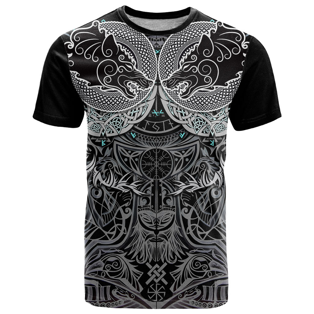 Viking Odin Ravens Wolves Vegvisir T Shirt Nordic Knotwork Mythology Engraving Style