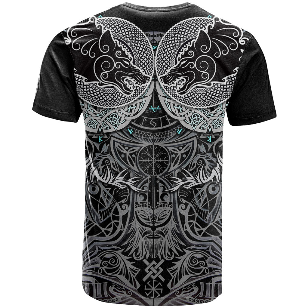 Viking Odin Ravens Wolves Vegvisir T Shirt Nordic Knotwork Mythology Engraving Style