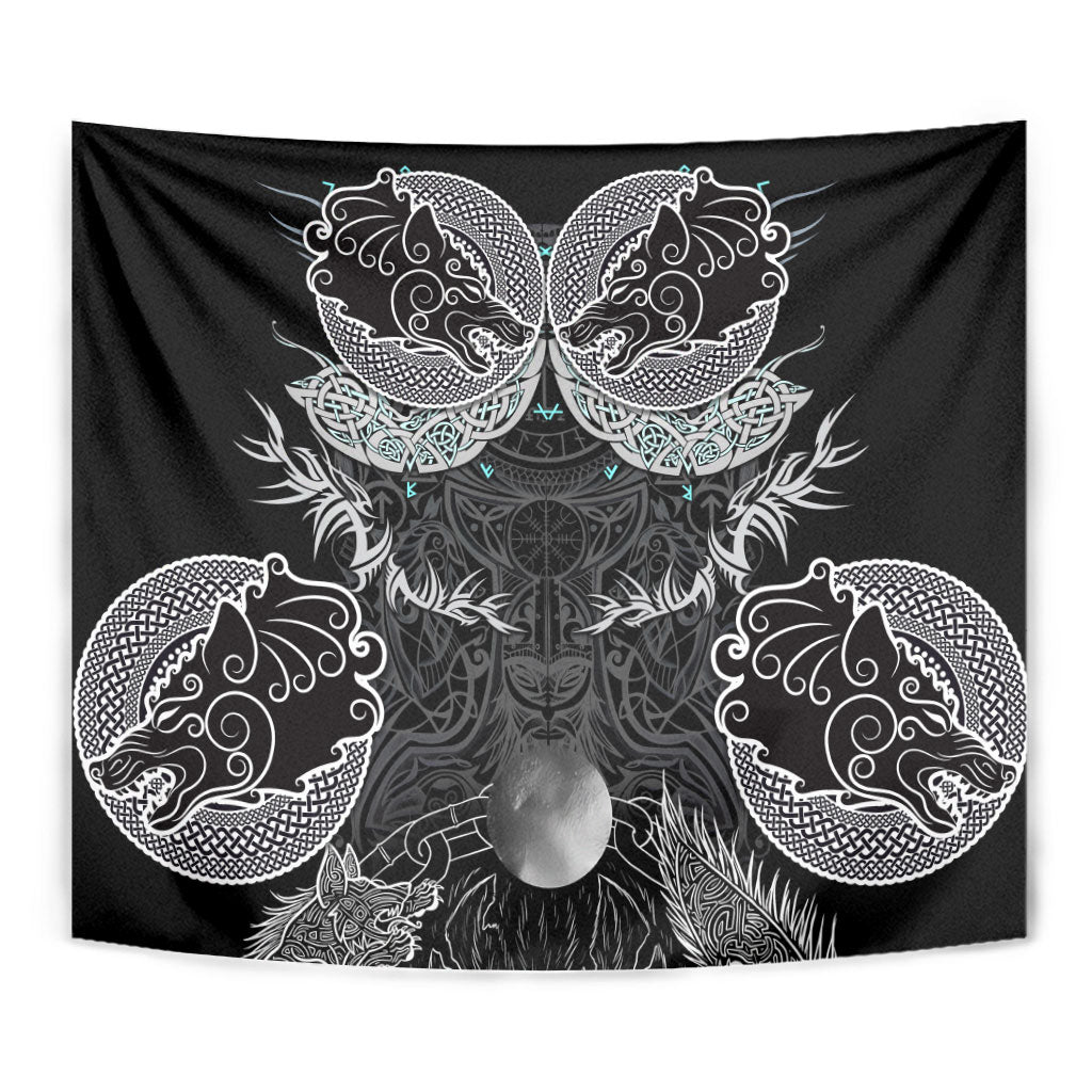 Viking Odin Ravens Wolves Vegvisir Tapestry Nordic Knotwork Mythology Engraving Style