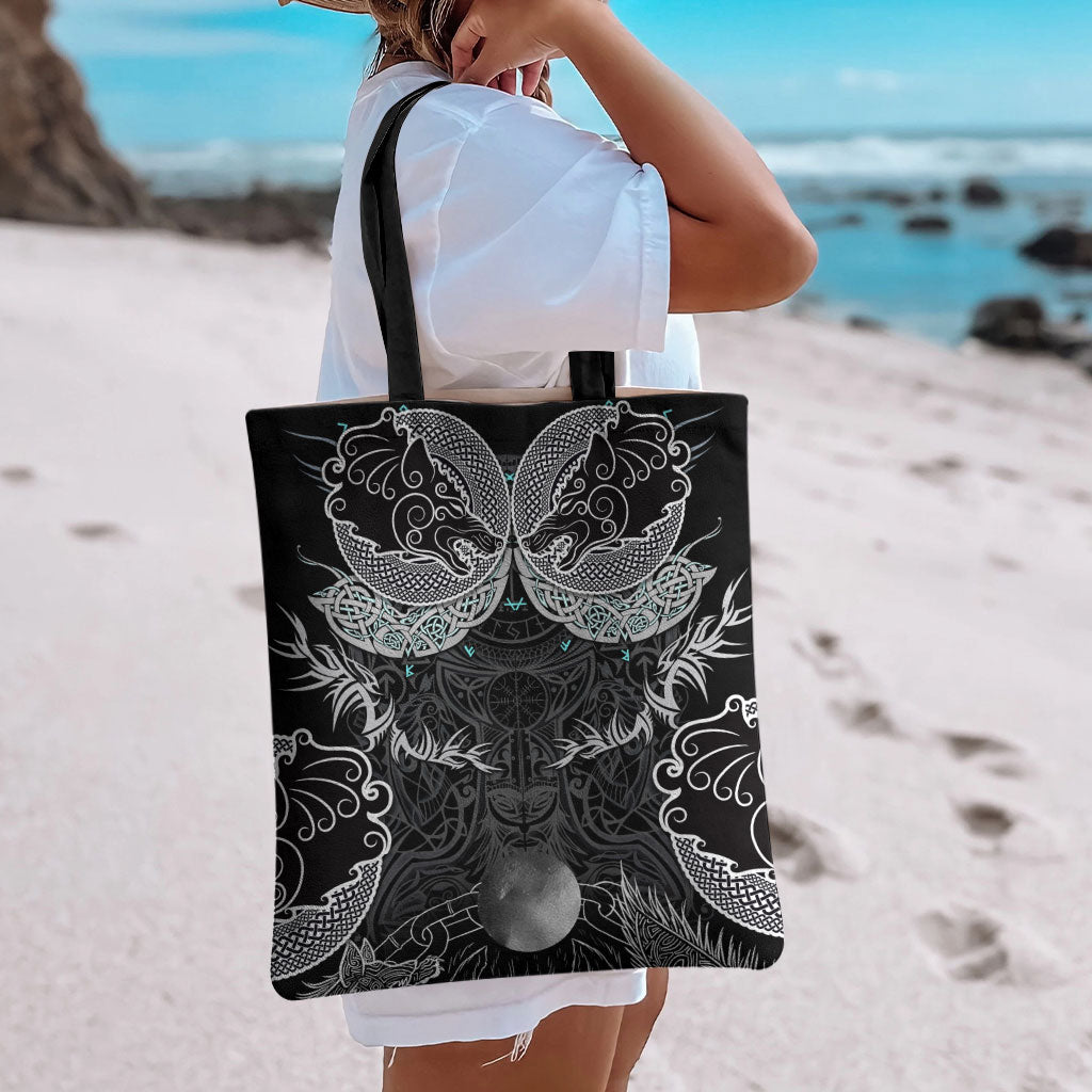 Viking Odin Ravens Wolves Vegvisir Tote Bag Nordic Knotwork Mythology Engraving Style