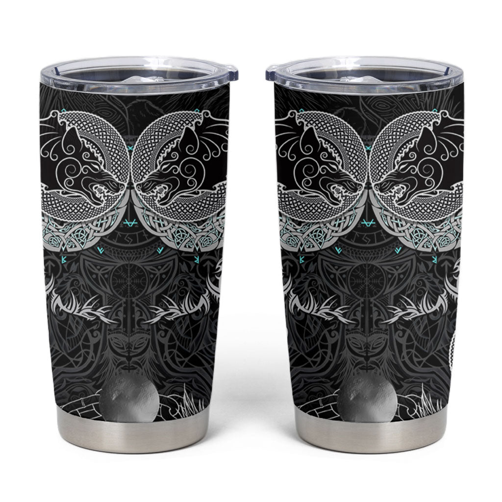 Viking Odin Ravens Wolves Vegvisir Tumbler Cup Nordic Knotwork Mythology Engraving Style