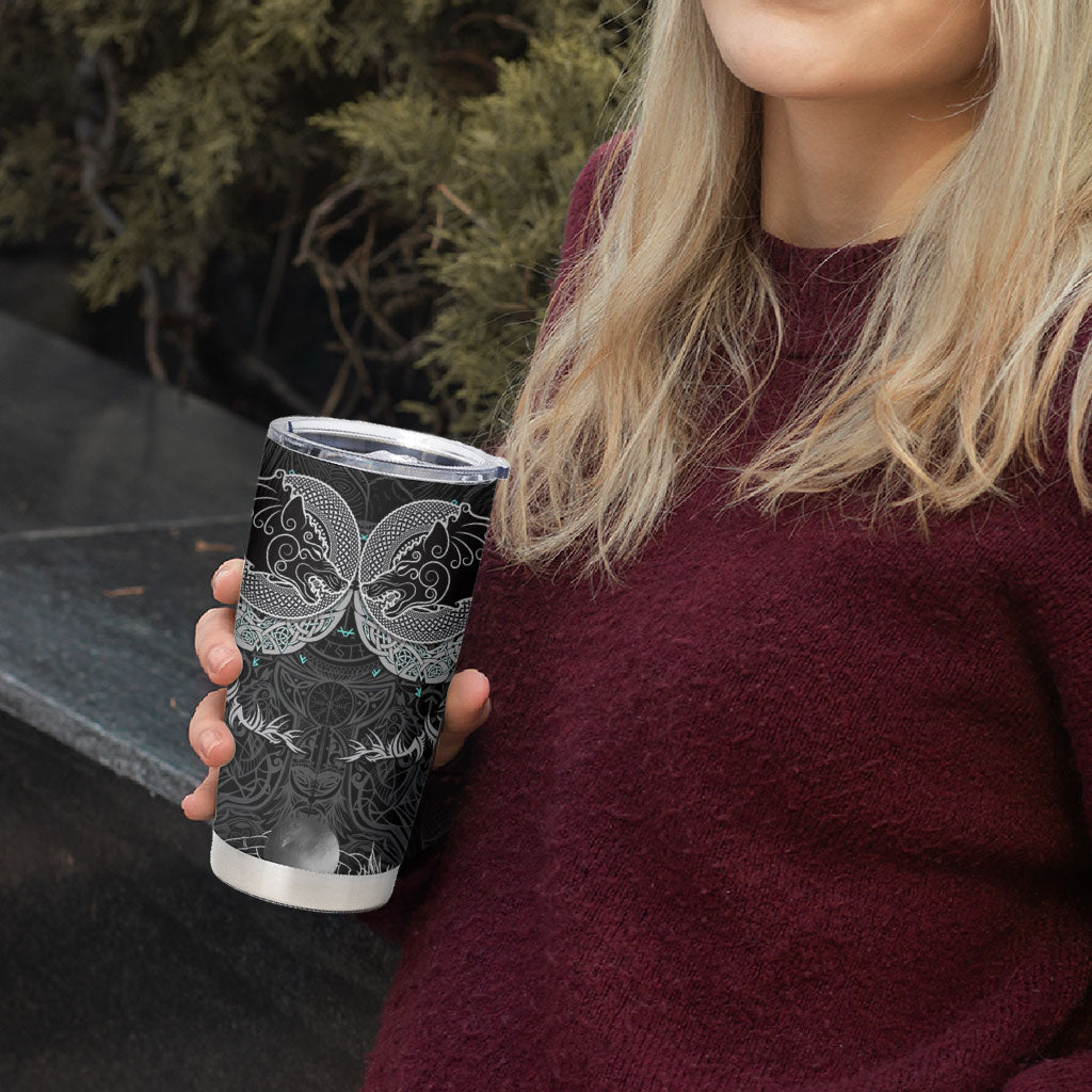 Viking Odin Ravens Wolves Vegvisir Tumbler Cup Nordic Knotwork Mythology Engraving Style