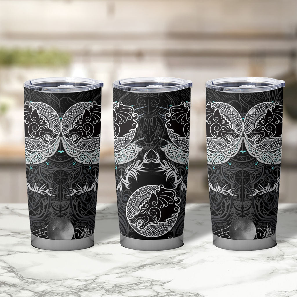 Viking Odin Ravens Wolves Vegvisir Tumbler Cup Nordic Knotwork Mythology Engraving Style