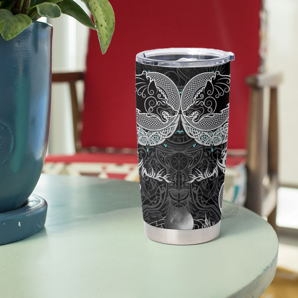 Viking Odin Ravens Wolves Vegvisir Tumbler Cup Nordic Knotwork Mythology Engraving Style