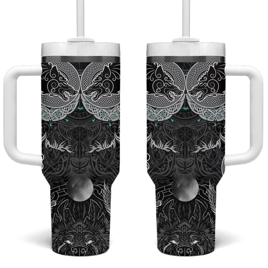 Viking Odin Ravens Wolves Vegvisir Tumbler With Handle Nordic Knotwork Mythology Engraving Style