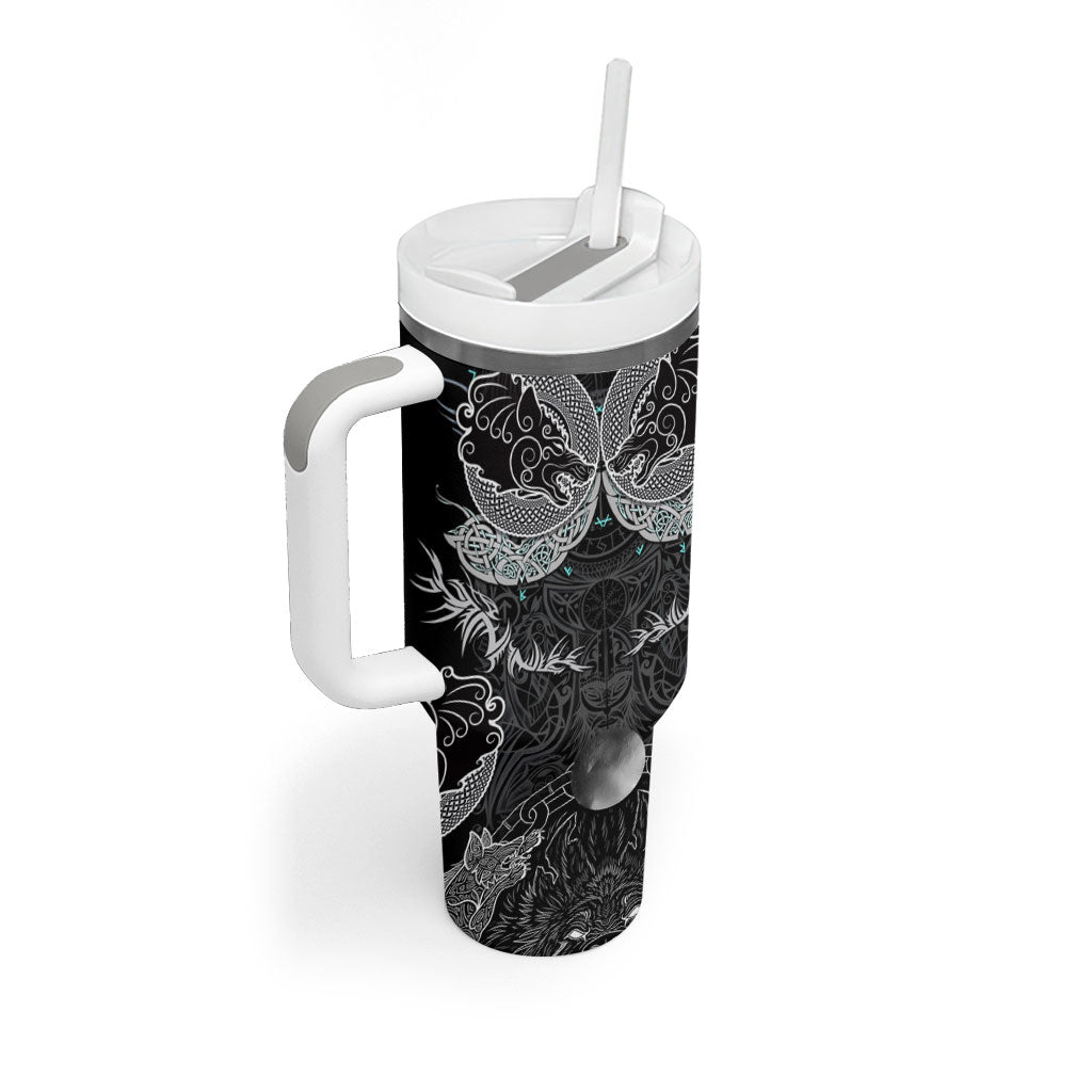 Viking Odin Ravens Wolves Vegvisir Tumbler With Handle Nordic Knotwork Mythology Engraving Style