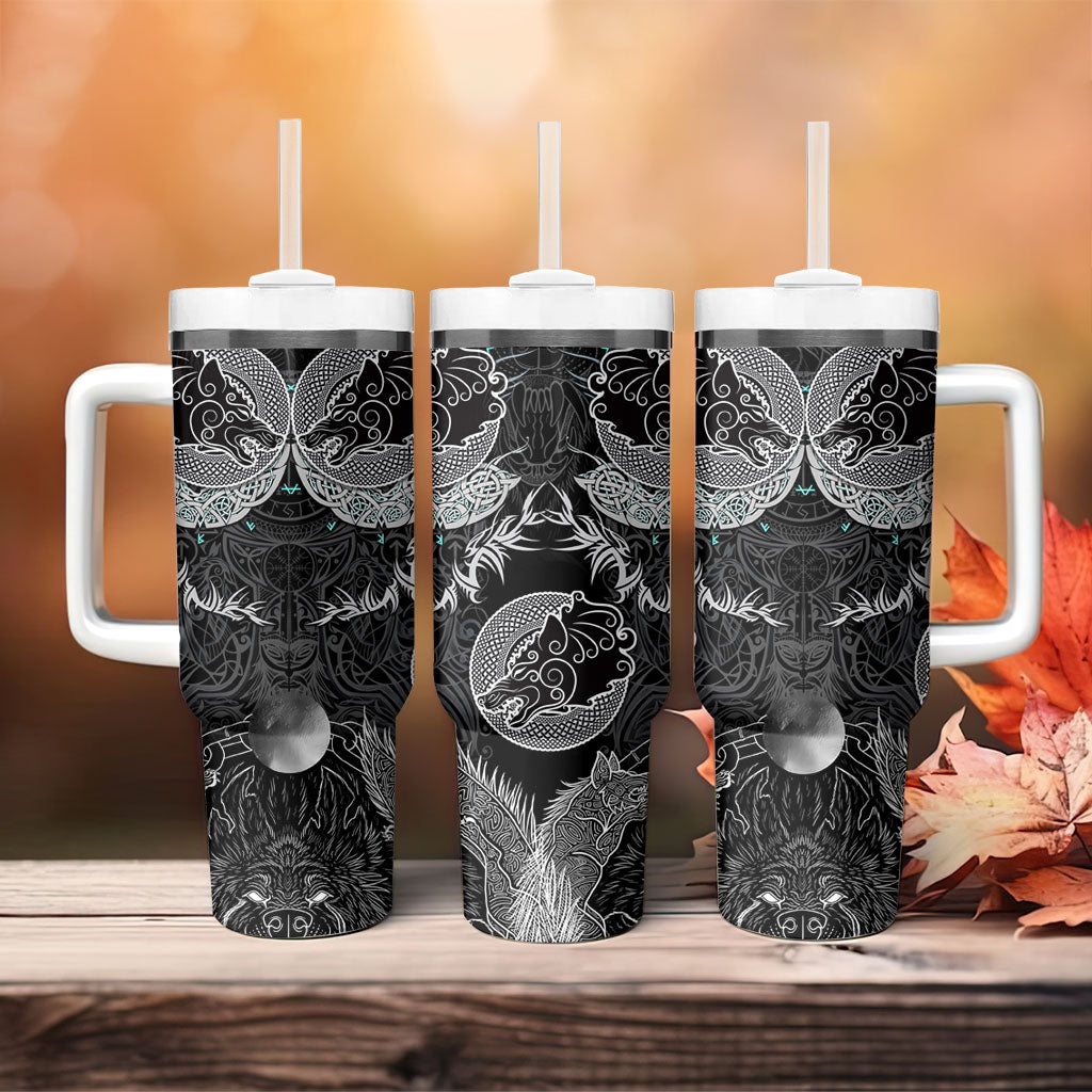 Viking Odin Ravens Wolves Vegvisir Tumbler With Handle Nordic Knotwork Mythology Engraving Style
