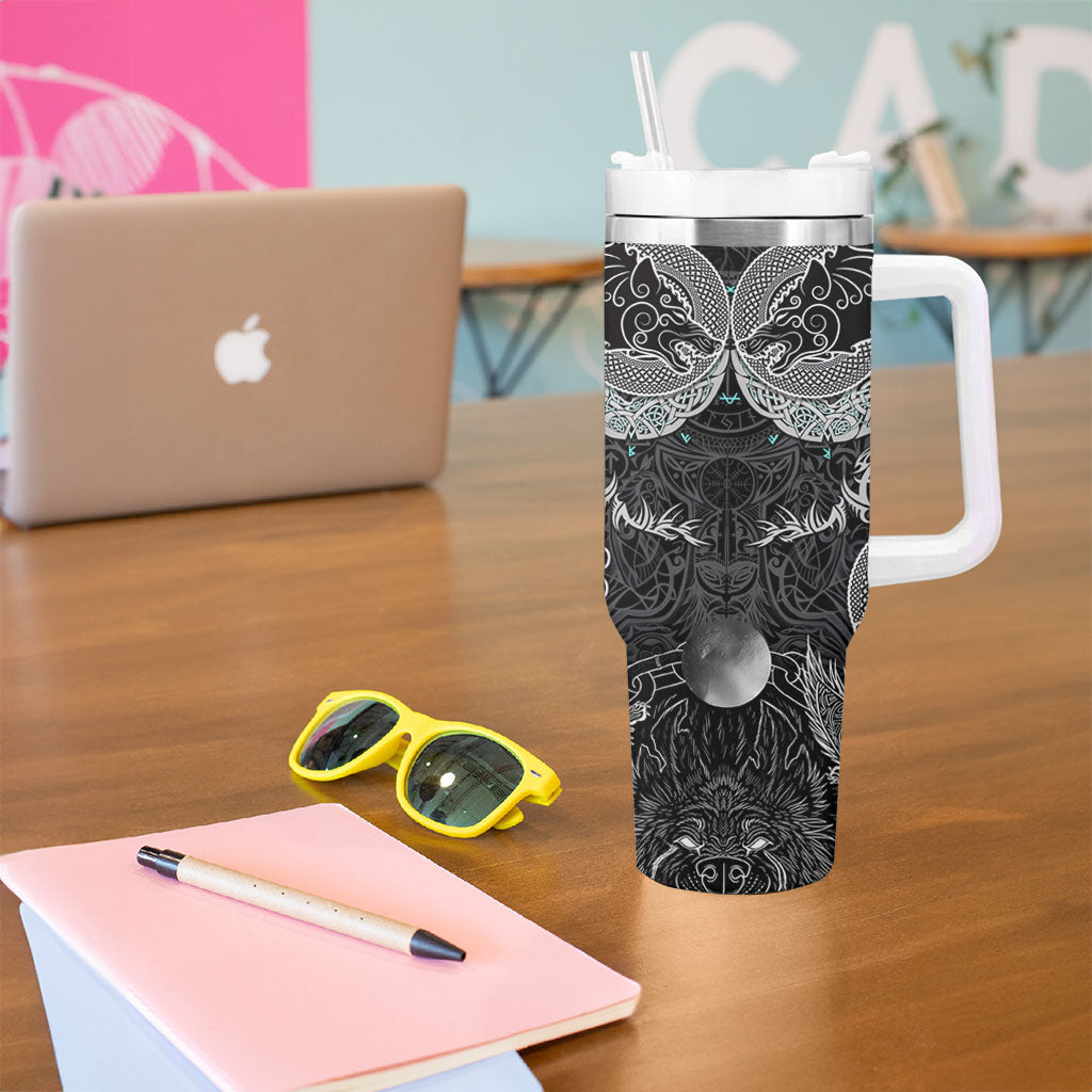 Viking Odin Ravens Wolves Vegvisir Tumbler With Handle Nordic Knotwork Mythology Engraving Style
