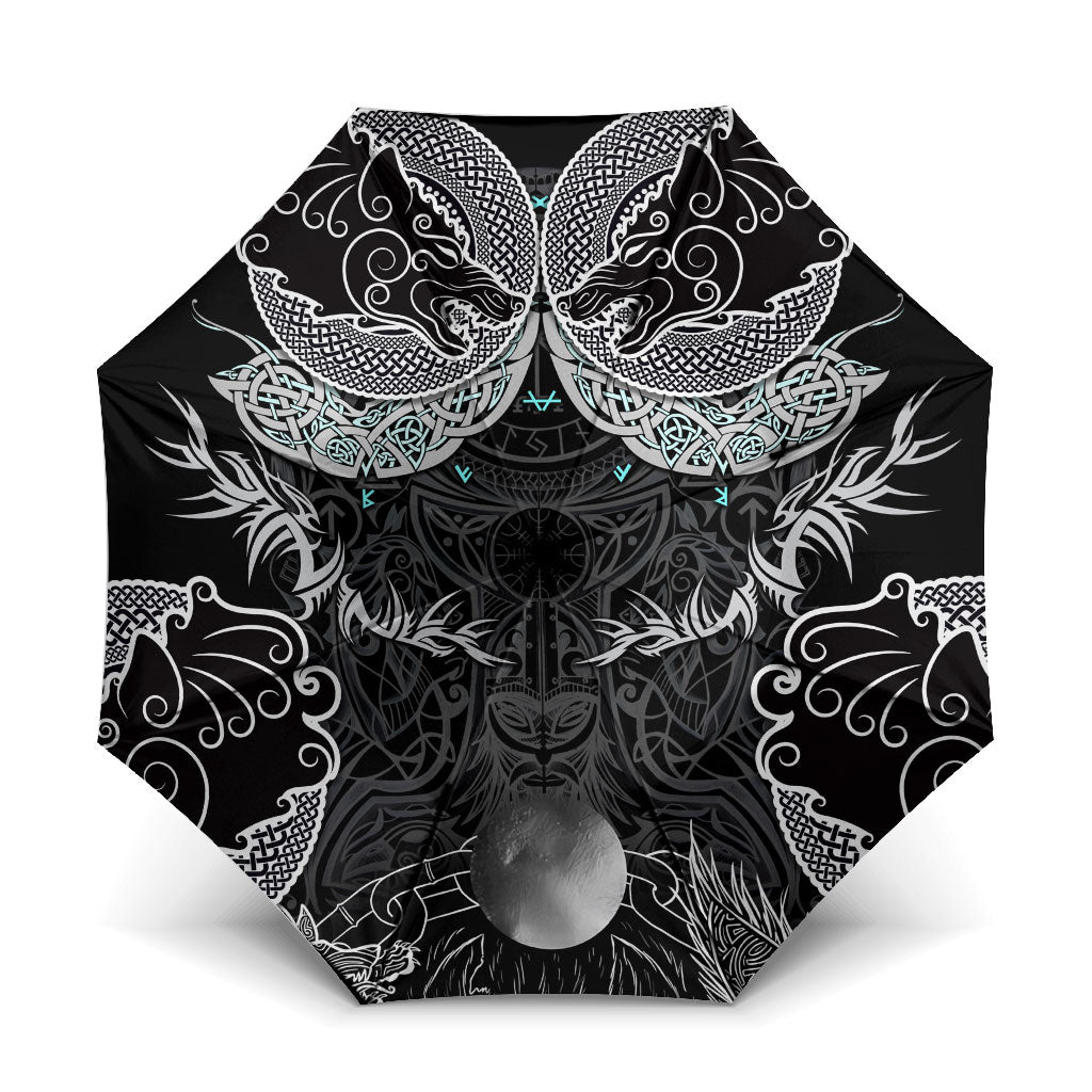 Viking Odin Ravens Wolves Vegvisir Umbrella Nordic Knotwork Mythology Engraving Style